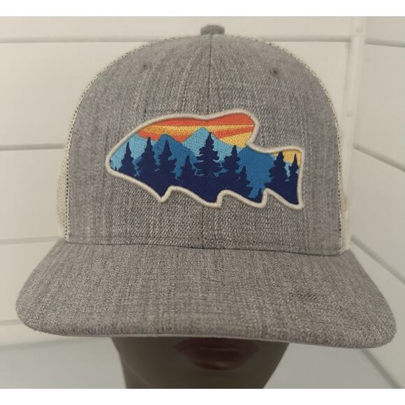 Bass Pro Shop Gray Embroidered Fish Mountain Scene Snapback Trucker Hat One Size - Picture 1 of 8